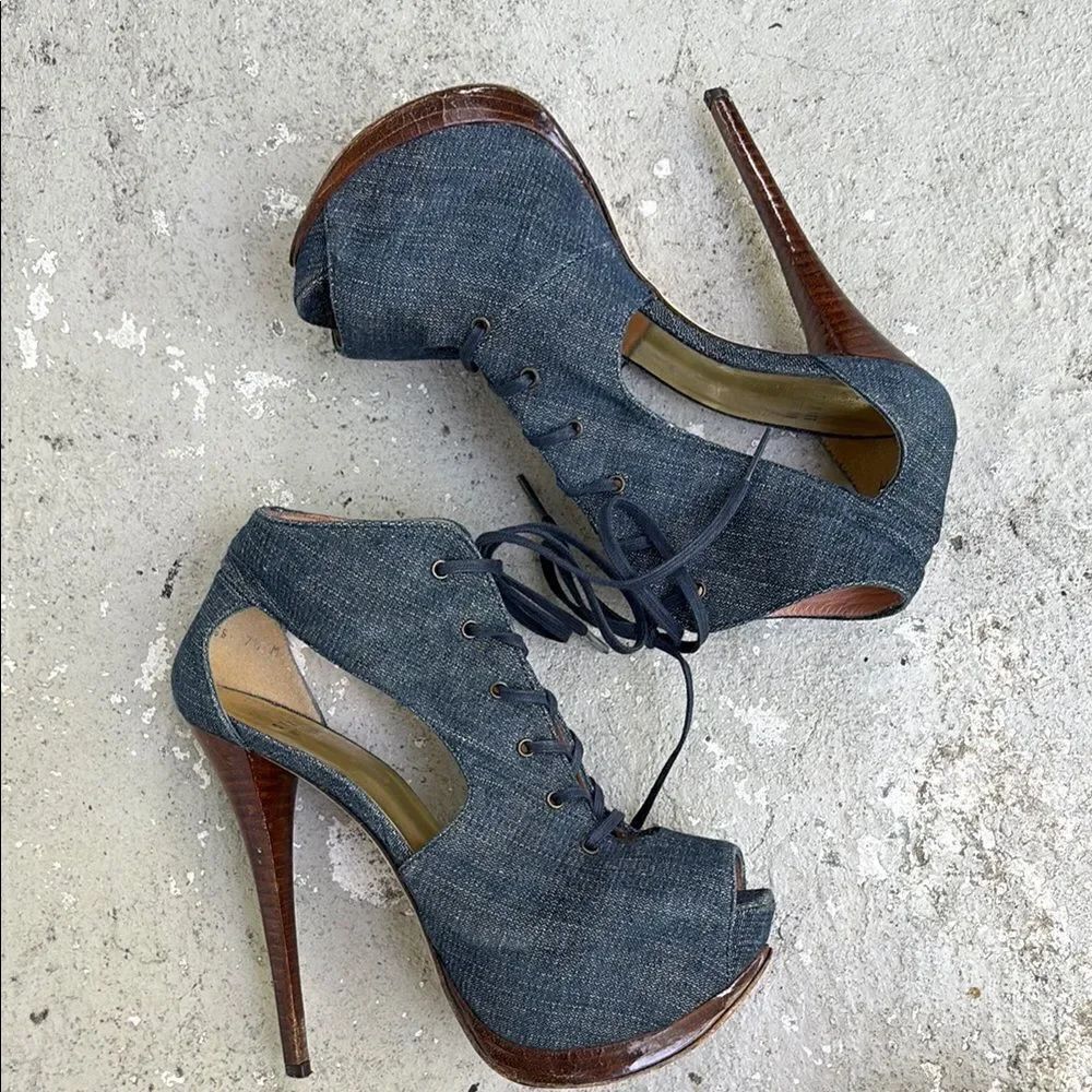 Stuart Weitzman, antique denim lace up platforms